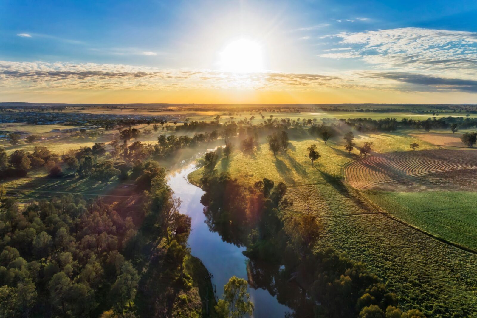 A landscape image of a farm at sunset with a river running through the middle. AgriFutures funding opportunities website banner image.